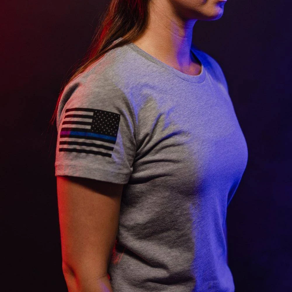 Women's Blue Line Flag T-Shirt - Dark Heather Gray - Image 4