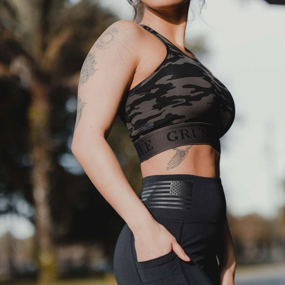 Women's Racerback Sports Bra - Black Camo - Image 7