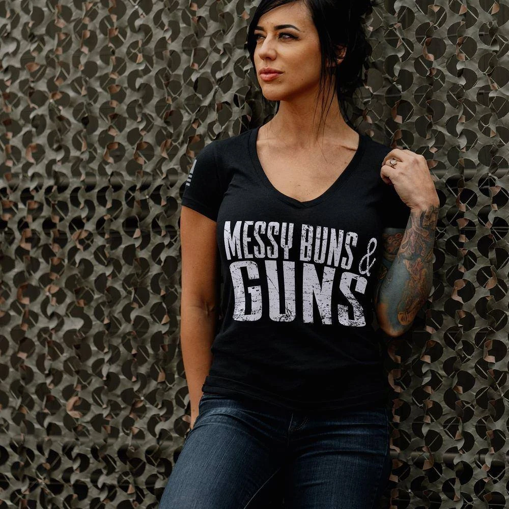 Women's Messy Buns & Guns V-Neck - Black - Image 3