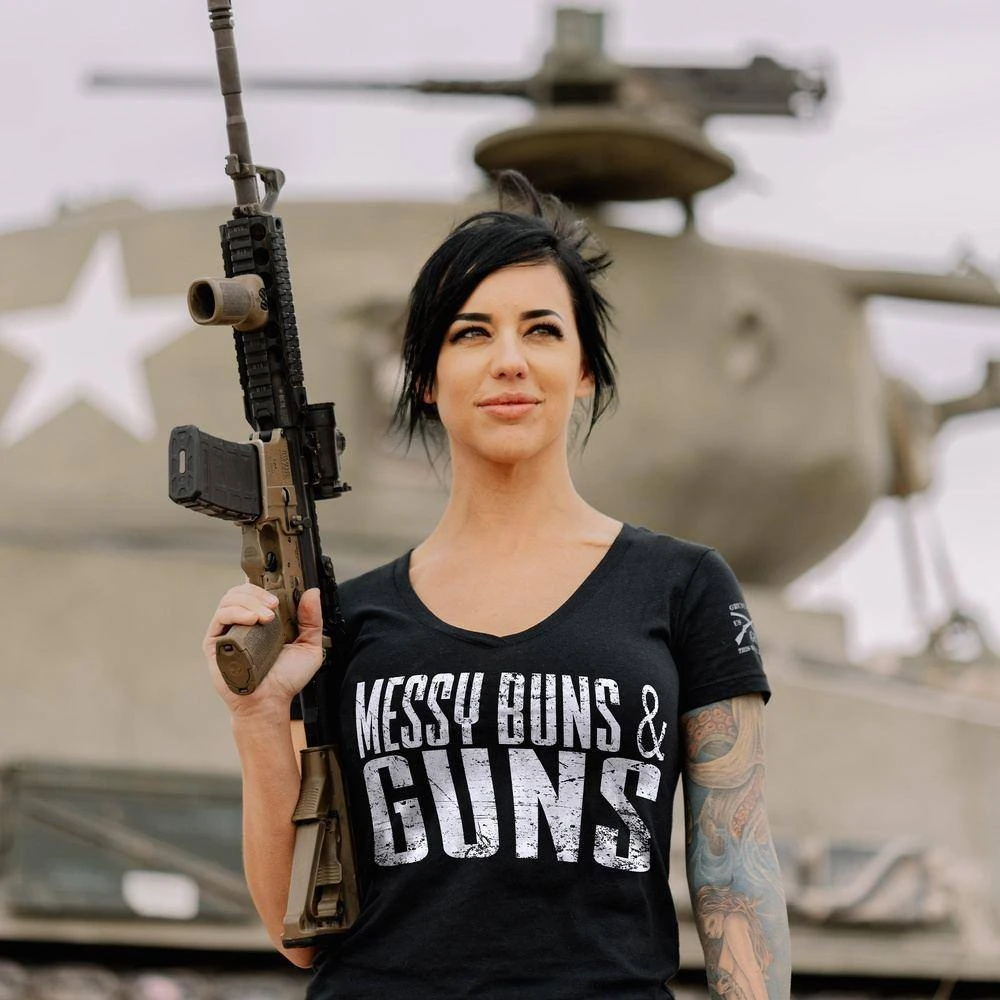 Women's Messy Buns & Guns V-Neck - Black - Image 4