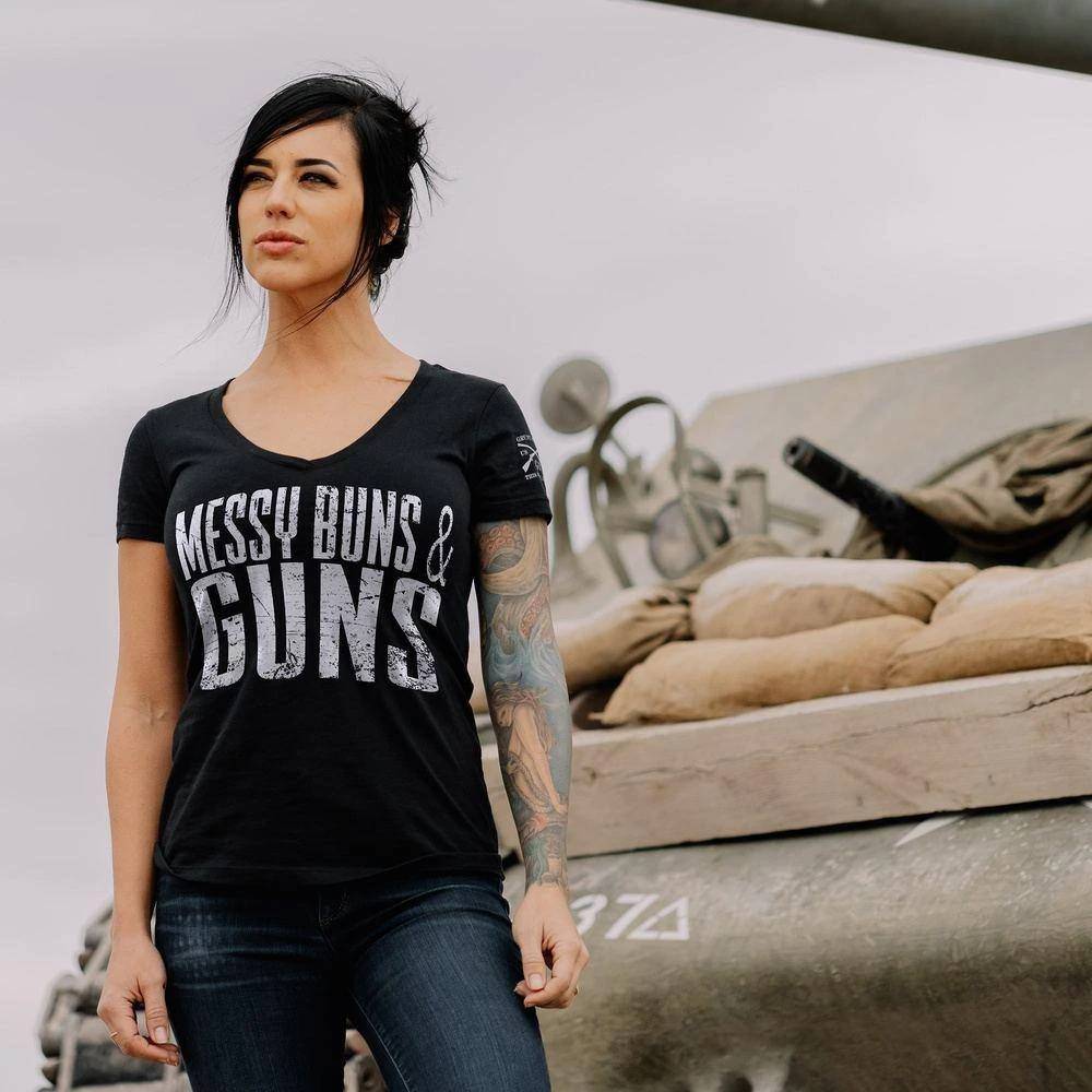 Women's Messy Buns & Guns V-Neck - Black - Image 5
