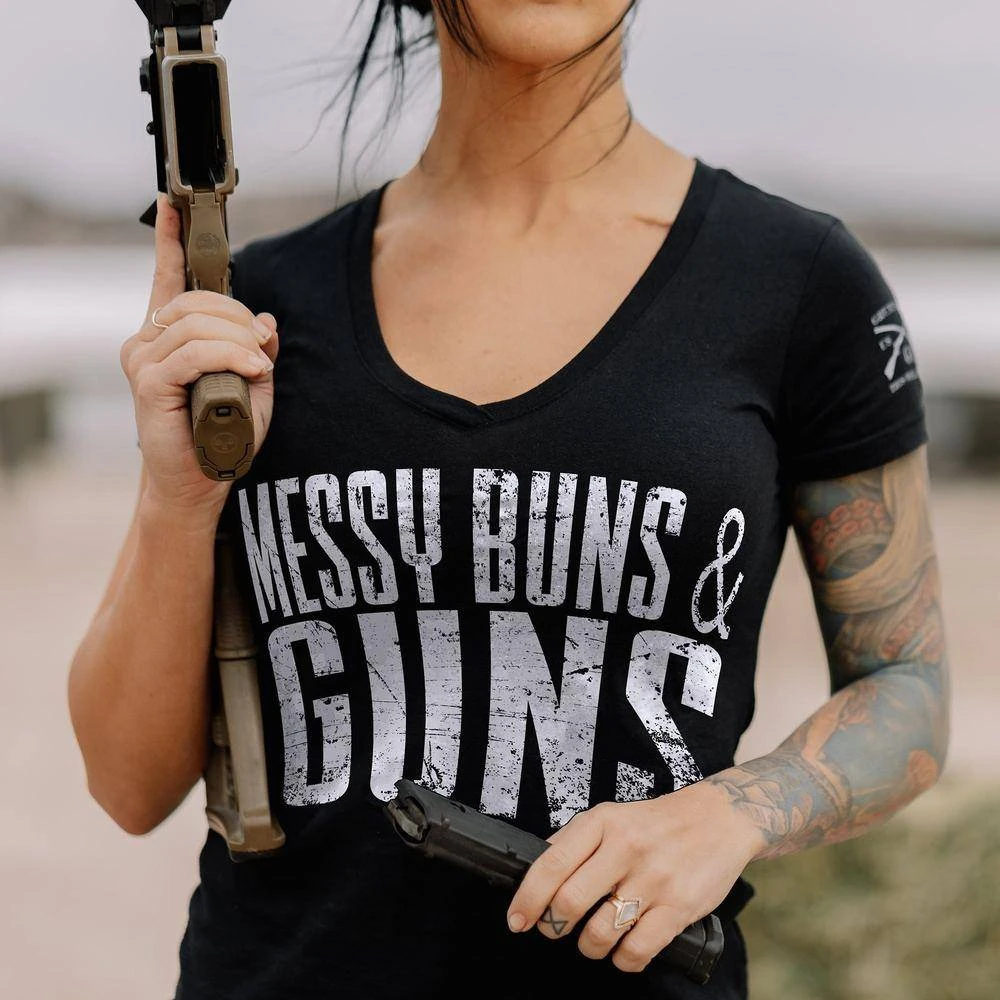 Women's Messy Buns & Guns V-Neck - Black