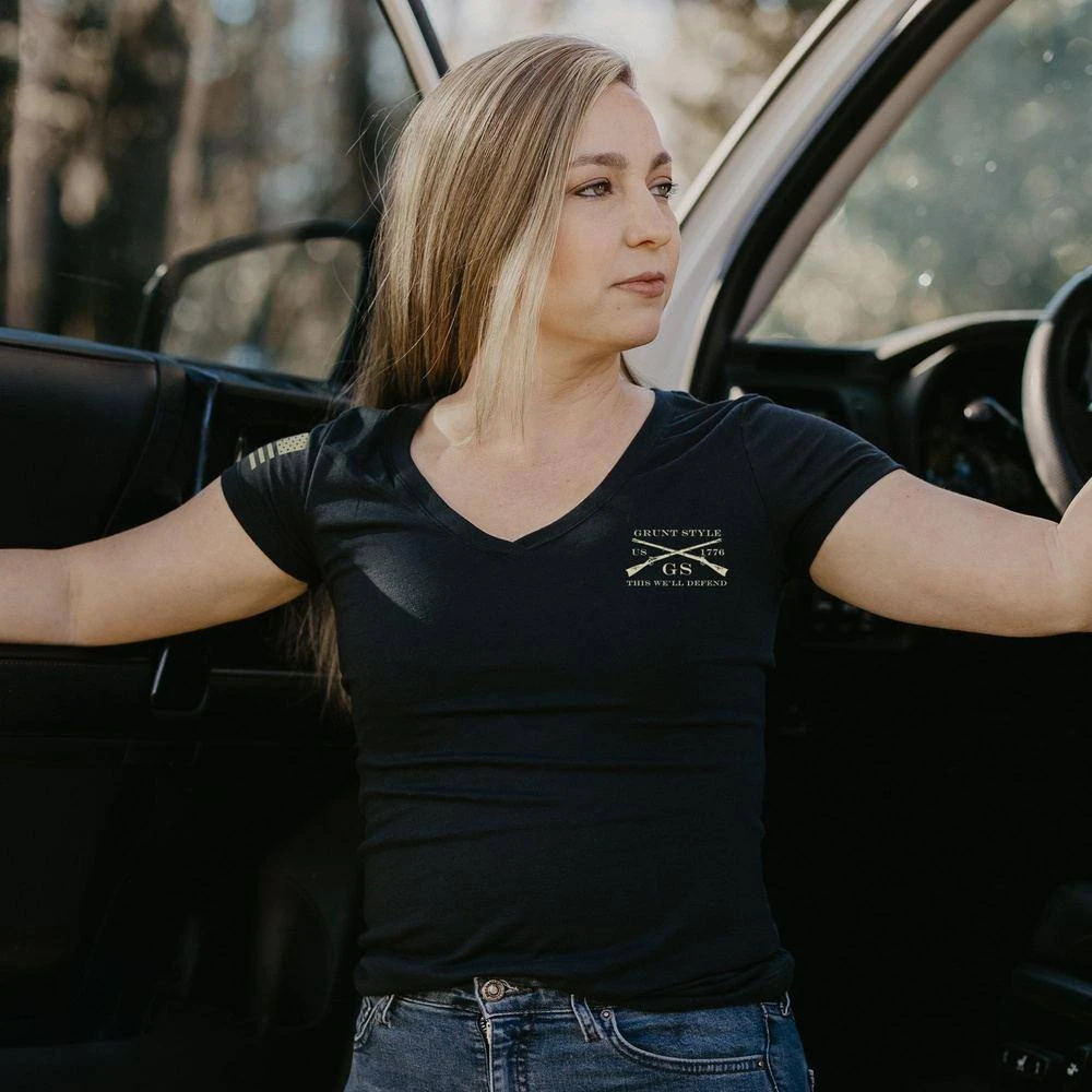 Women's Grunt Style Stars & Bars V-Neck - Black - Image 4