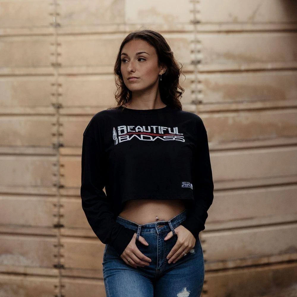 Women's Beautiful Badass Long Sleeve Cropped T-Shirt - Black - Image 2