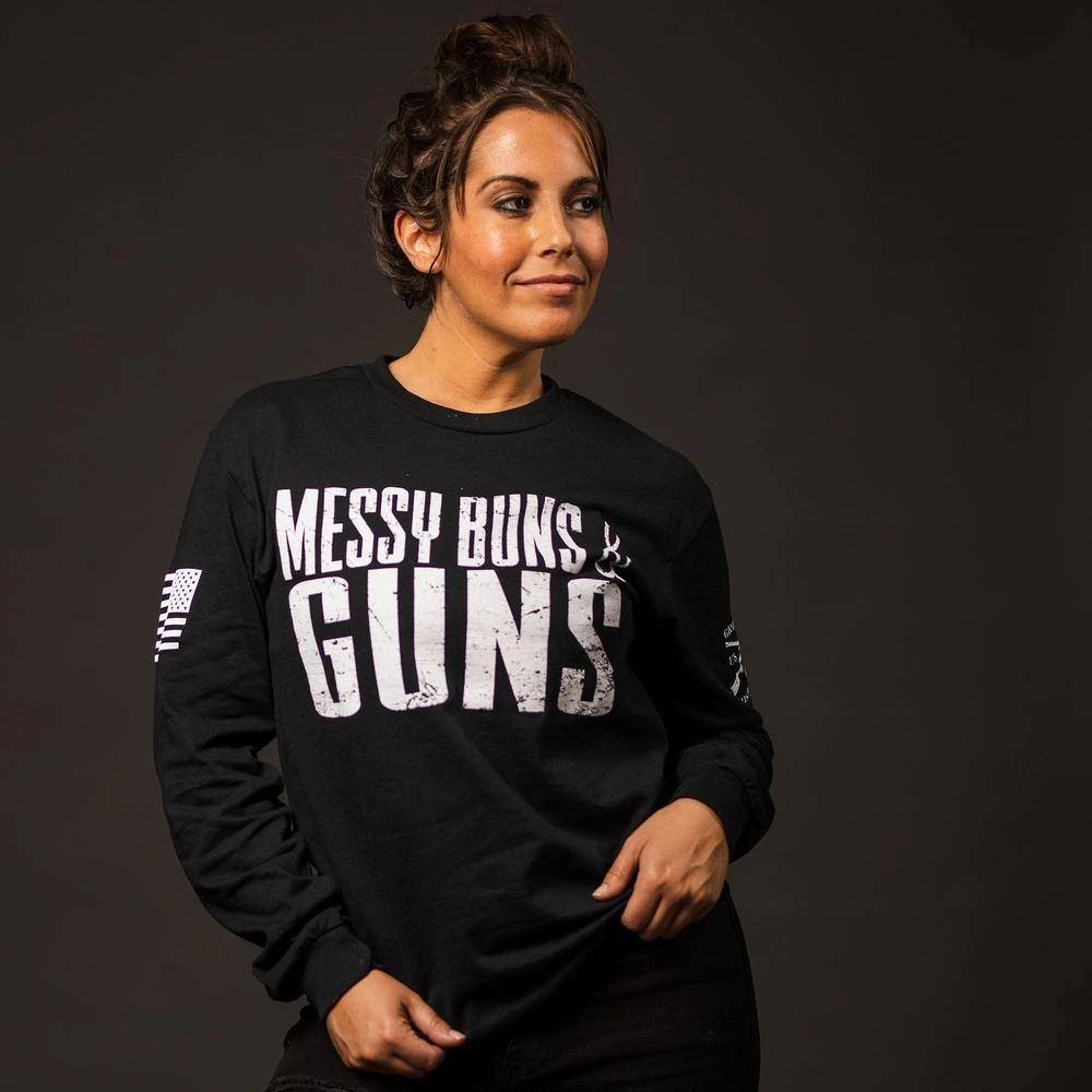 Women's Messy Buns & Guns Long Sleeve - Black - Image 5