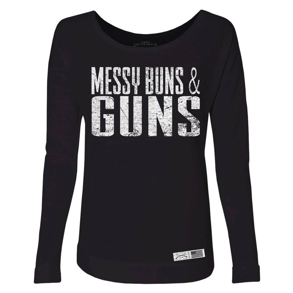 Women's Messy Buns & Guns French Terry Scoop Neck Long Sleeve - Black - Image 2