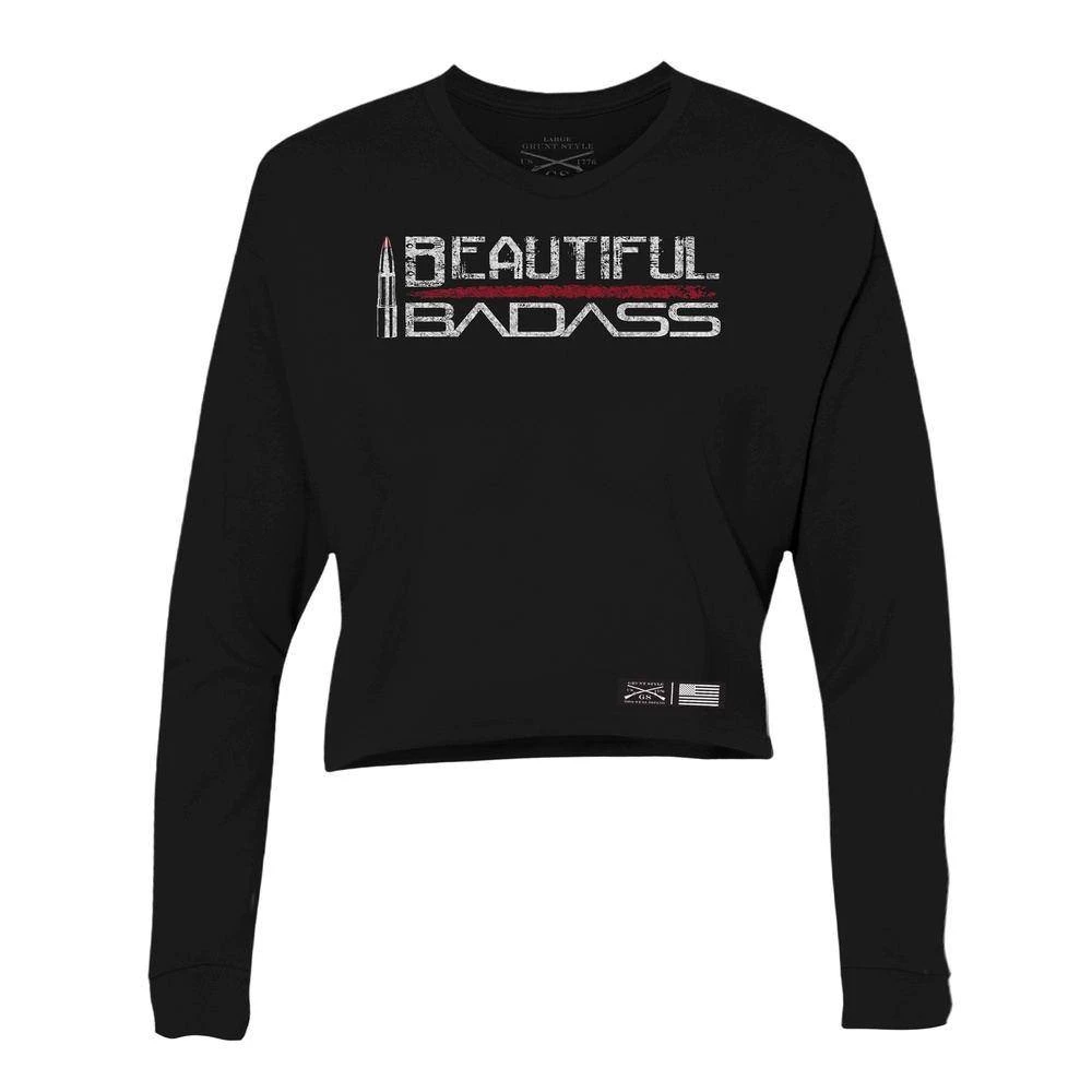 Women's Beautiful Badass Long Sleeve Cropped T-Shirt - Black - Image 3