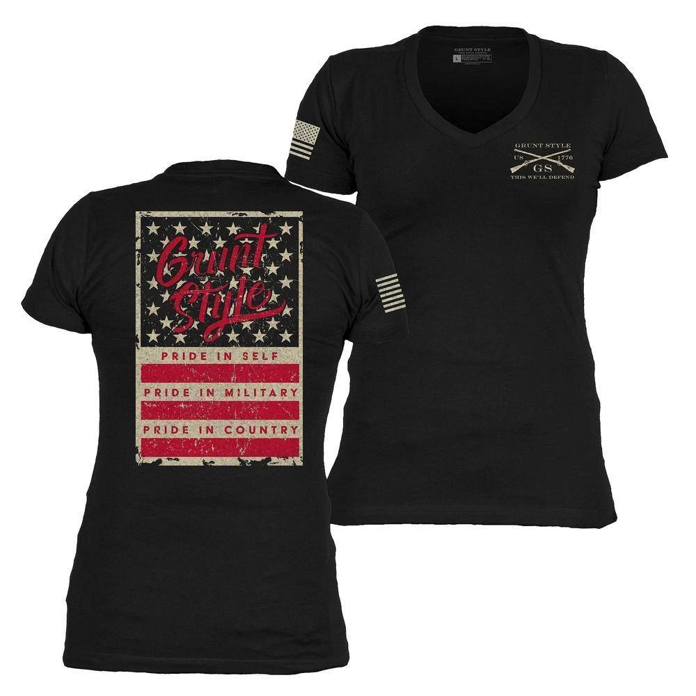 Women's Grunt Style Stars & Bars V-Neck - Black - Image 2