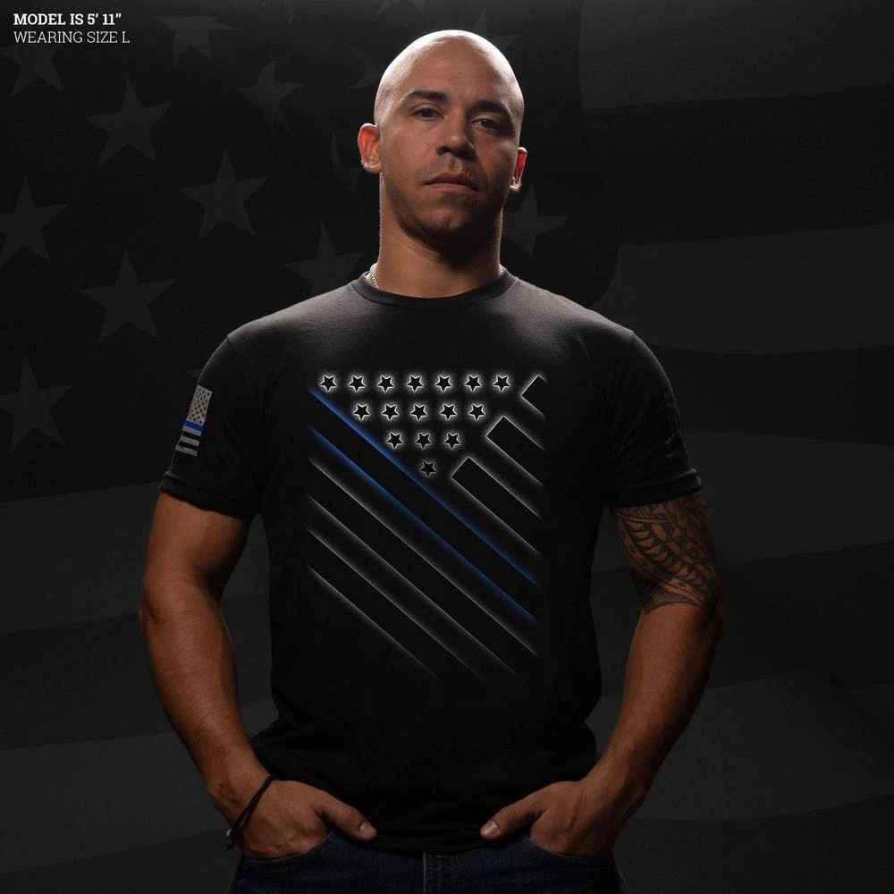 Support Blue Line T-Shirt - Black - Image 2