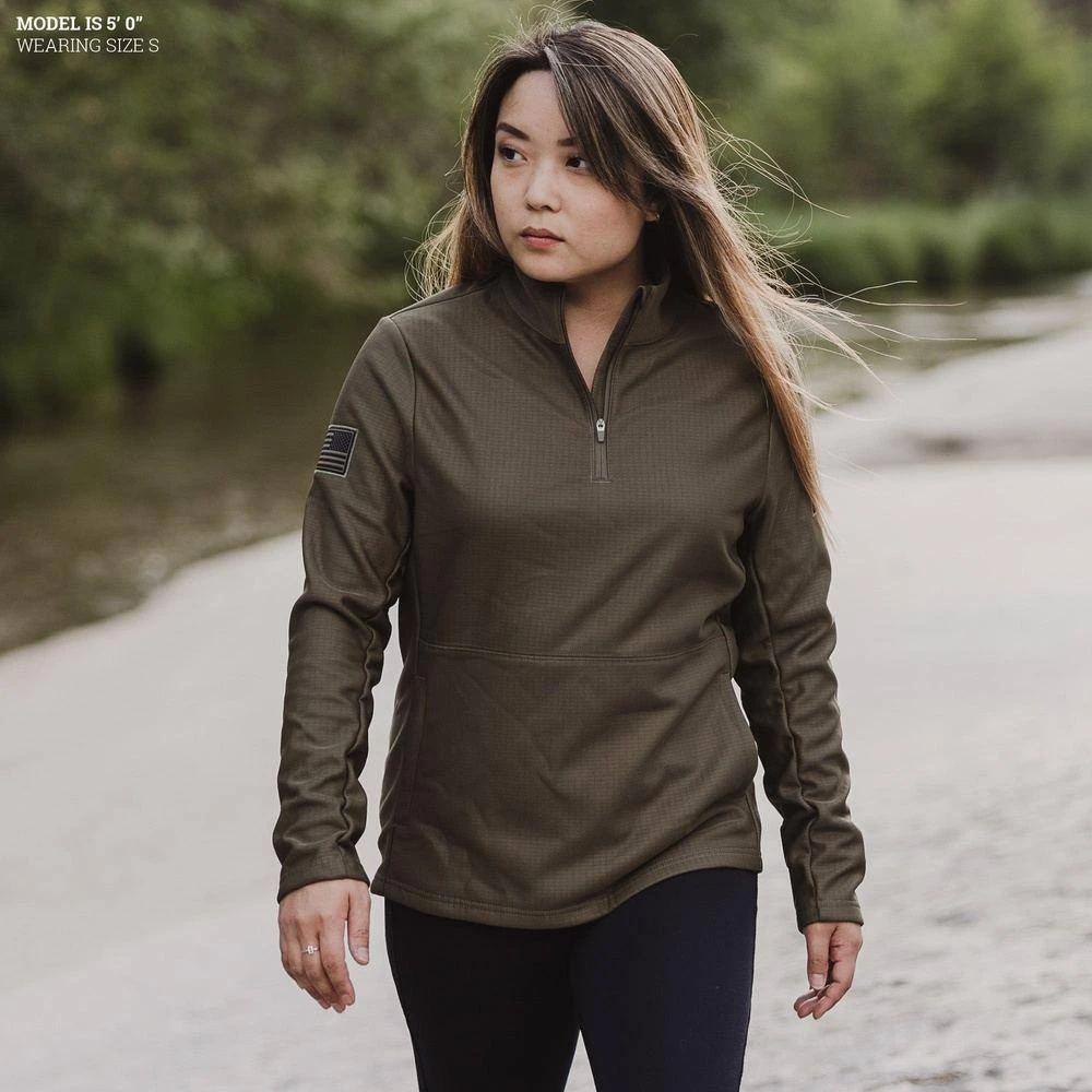 Women's 1/2 Zip Waffle Top - Military Green - Image 2